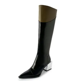 2024 Stivali alti al ginocchio in vera pelle da donna di marca 2024 Stivali lunghi caldi da moto con tacco basso Scarpe da donna