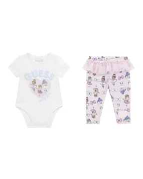 Completo in cotone stretch composto da body a maniche corte bianco e leggins lilla con tulle e fantasia ballerine 3-9 mesi