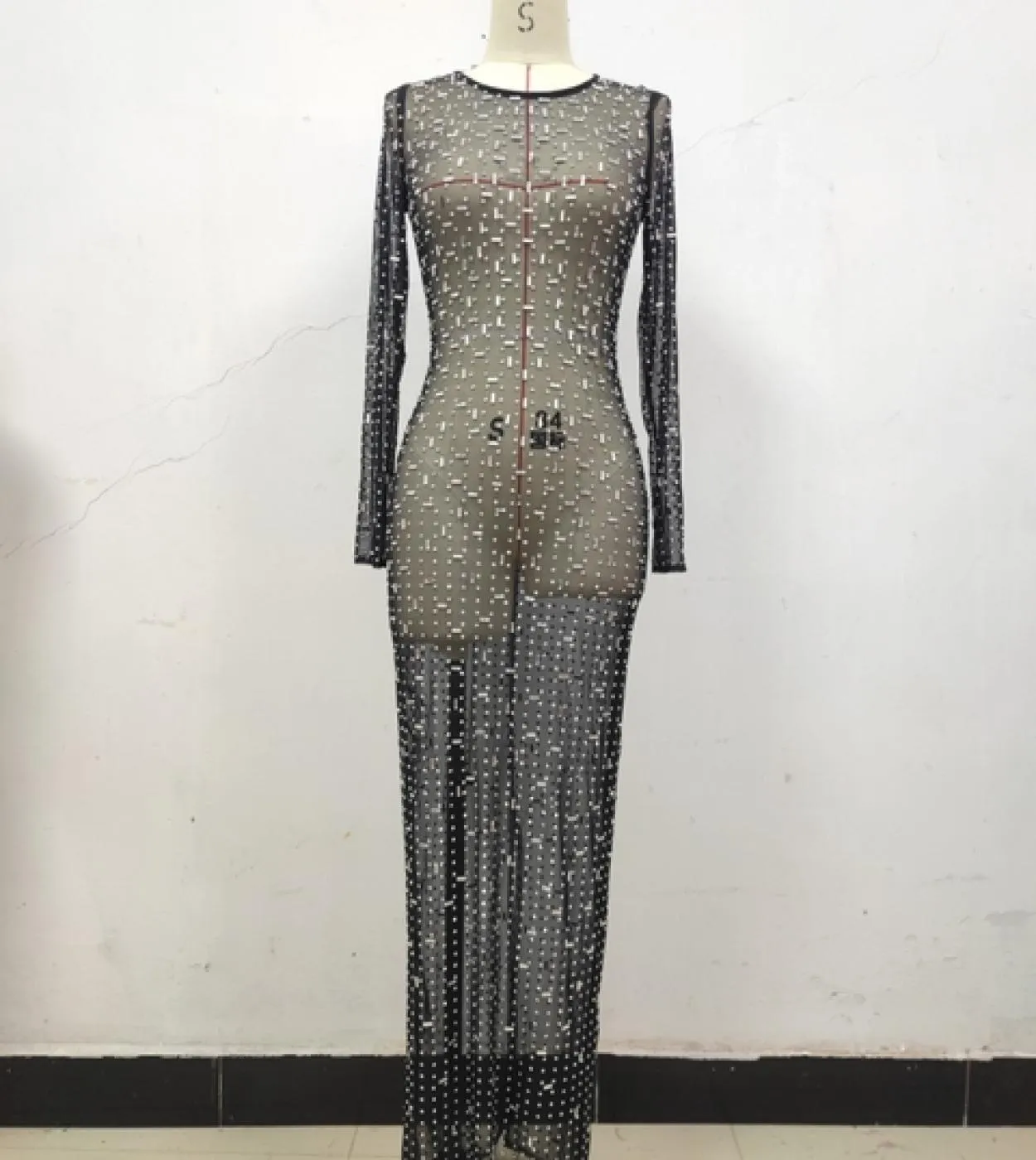 O Collo Prospettiva Mesh Crystal Diamond Abito lungo Donna Nero Perline di strass brillanti Vedi attraverso il vestito Discoteca