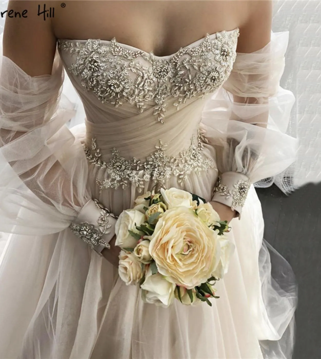 Serene Hill Champagne Lanterna Maniche Abiti da sposa Perline Fotografia Abiti da sposa Ha2329 Matrimonio su misura Dre